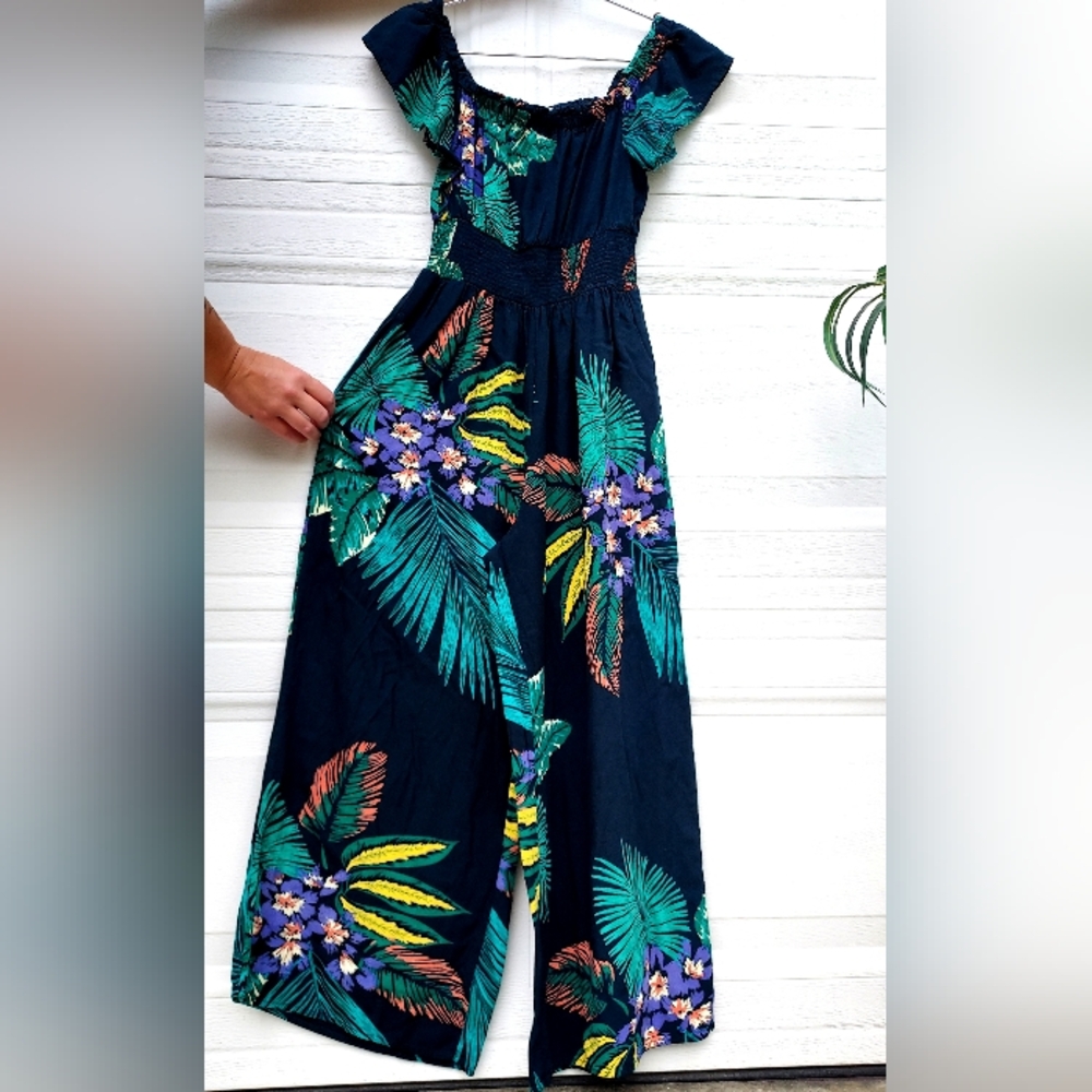 Patrons of Peace Navy Tropical Floral Jumpsuit Romper Wideleg Pants Small